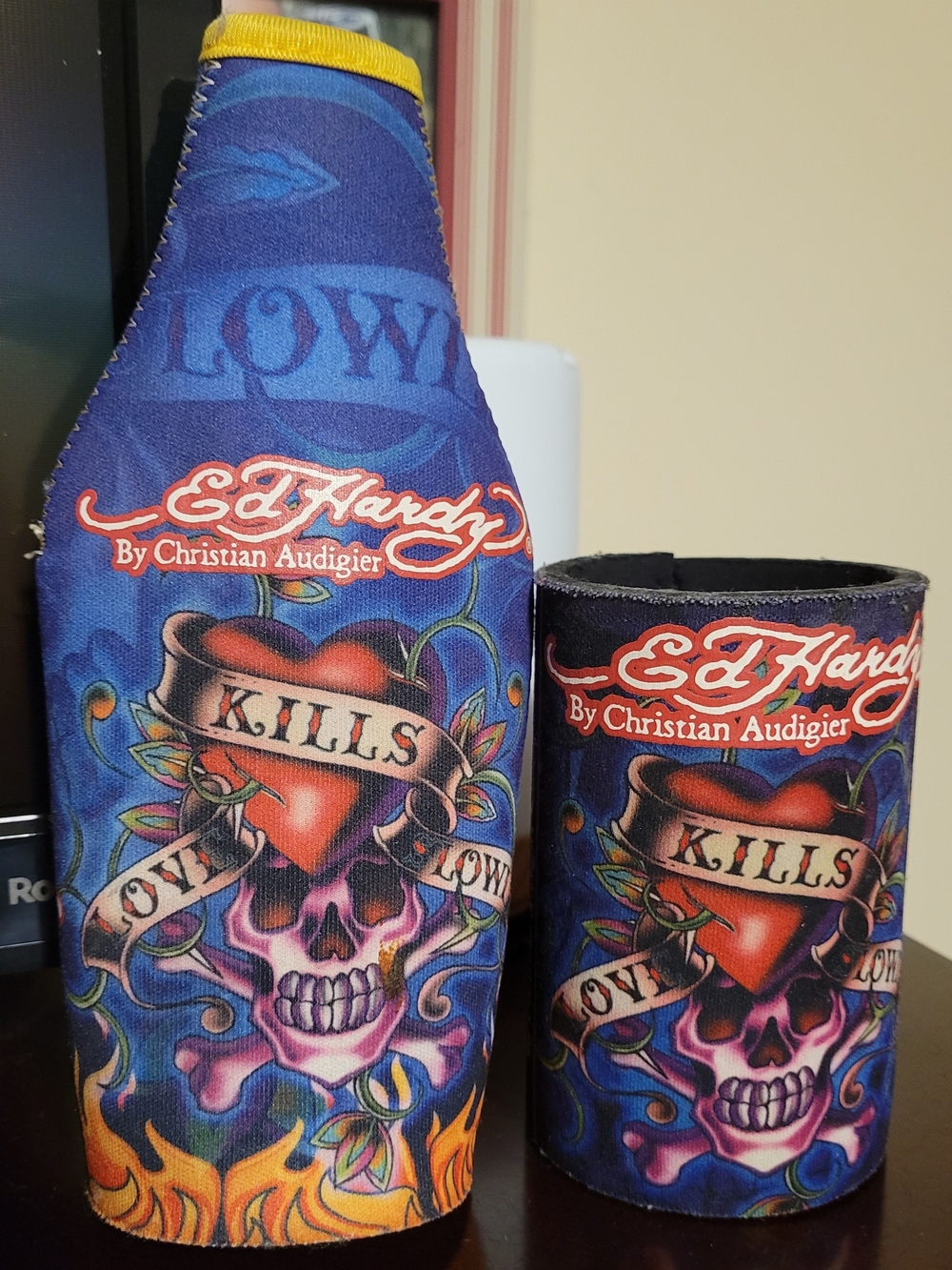 Vintage Ed Hardy Blue 'Love Kills' Skull Bottle Koozie & Can Koozie